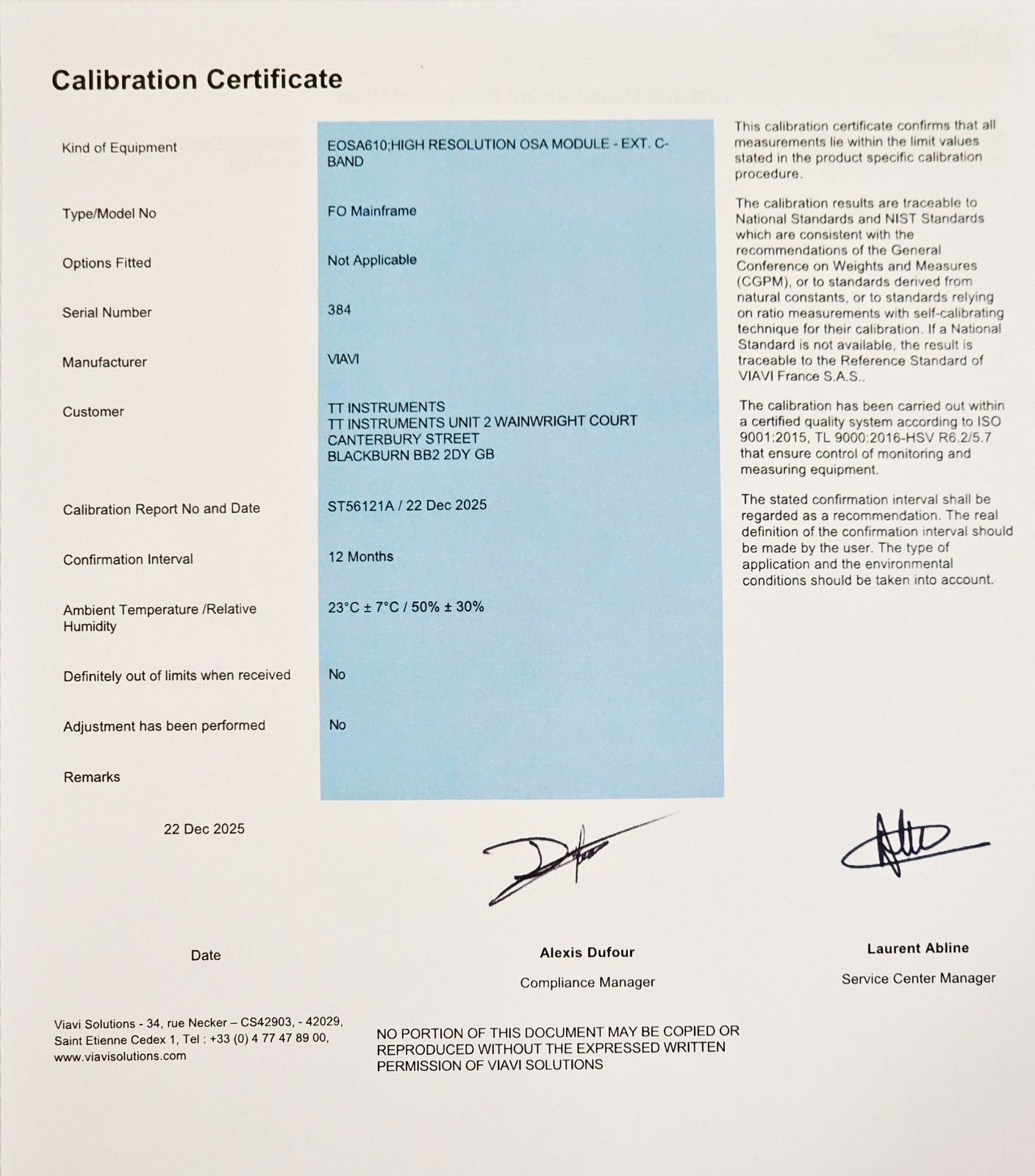 Calibrated Viavi MTS 6000A V2 OSA-610 High Resolution C-Band Optical Spectrum An