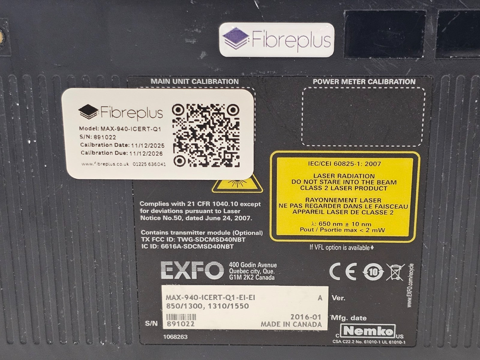 Calibrated EXFO OLTS MAX-940 ICERT QUAD 850/1300 1310/1550 SM MM Fiber Certifier