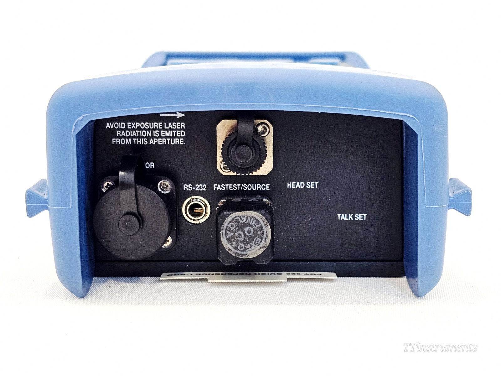EXFO FOT-922 MaxTester top panel showing RS-232 port, FasTesT source port, headset and talk set connectors