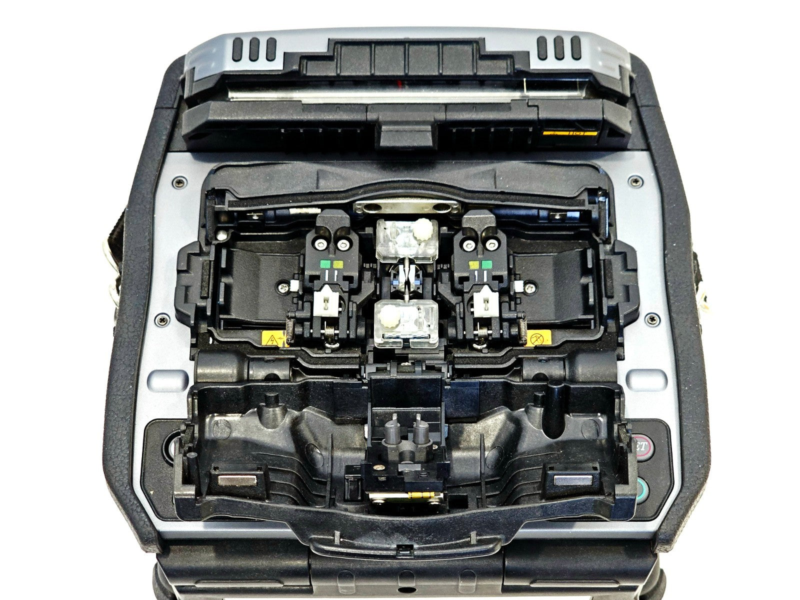 Fujikura 90S+ fusion splicer close-up of electrode and V-groove alignment area