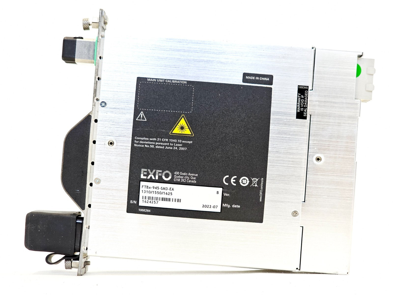 EXFO FTBx-945-SM3-EA OTDR module side profile showing optical port connectors