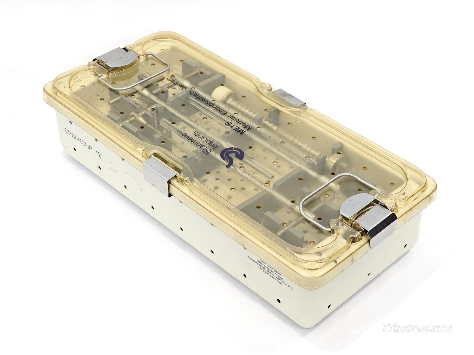 Stanmore METS CPBI-KCHP 12 autoclave case closed angled view with amber transparent lid and metal latches