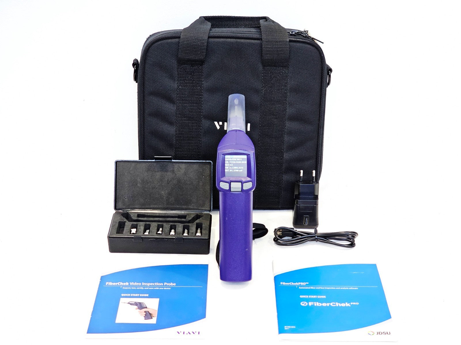 VIAVI FiberChek FIT-FC-KIT3 complete kit: probe, 6-tip case, carry bag, charger, USB cable and quick start guides