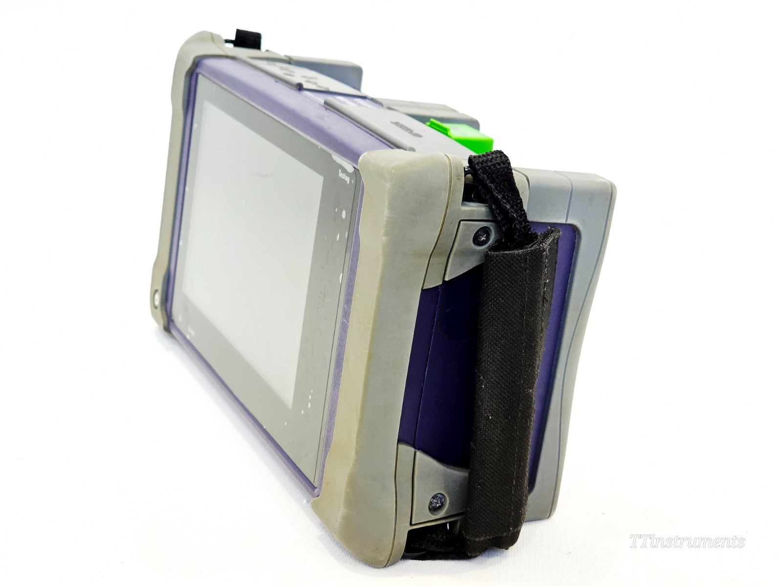 VIAVI MTS 4000 V2 left side angle view showing rubber corner bumpers, hand strap and OTDR module bay