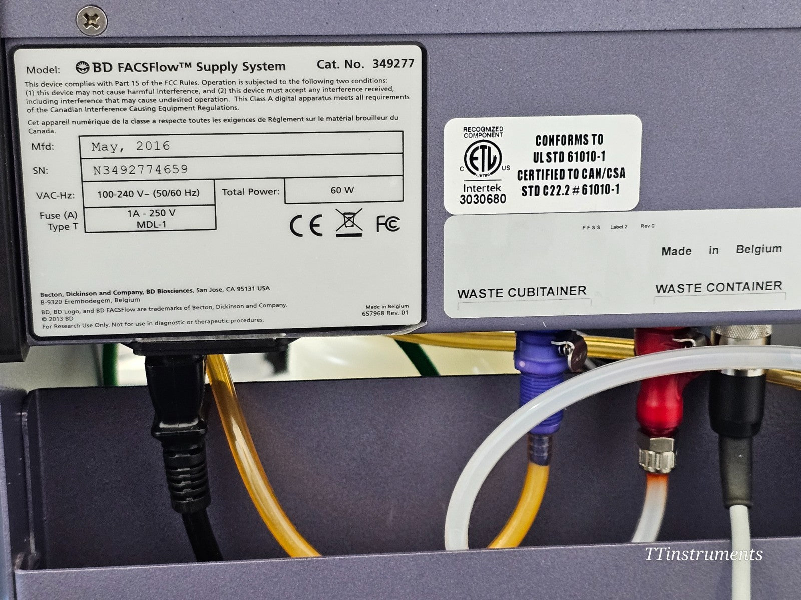 BD FACSCelesta cytometer sheath container and waste tank assembly close-up