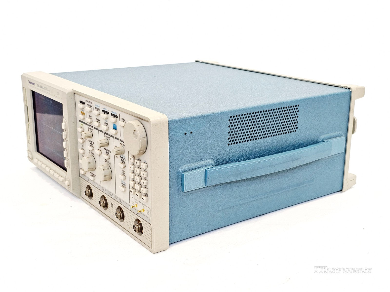 Tektronix TDS oscilloscope front panel controls and display screen close-up