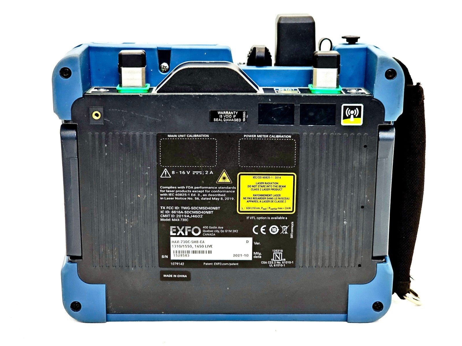 EXFO MAX-730C-SM8-EA OTDR side view showing ports and interface connections