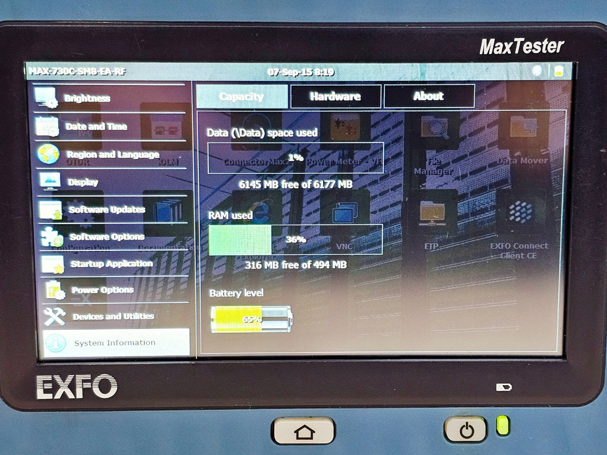 EXFO MAX-730C-SM8-EA OTDR bottom panel and battery compartment view