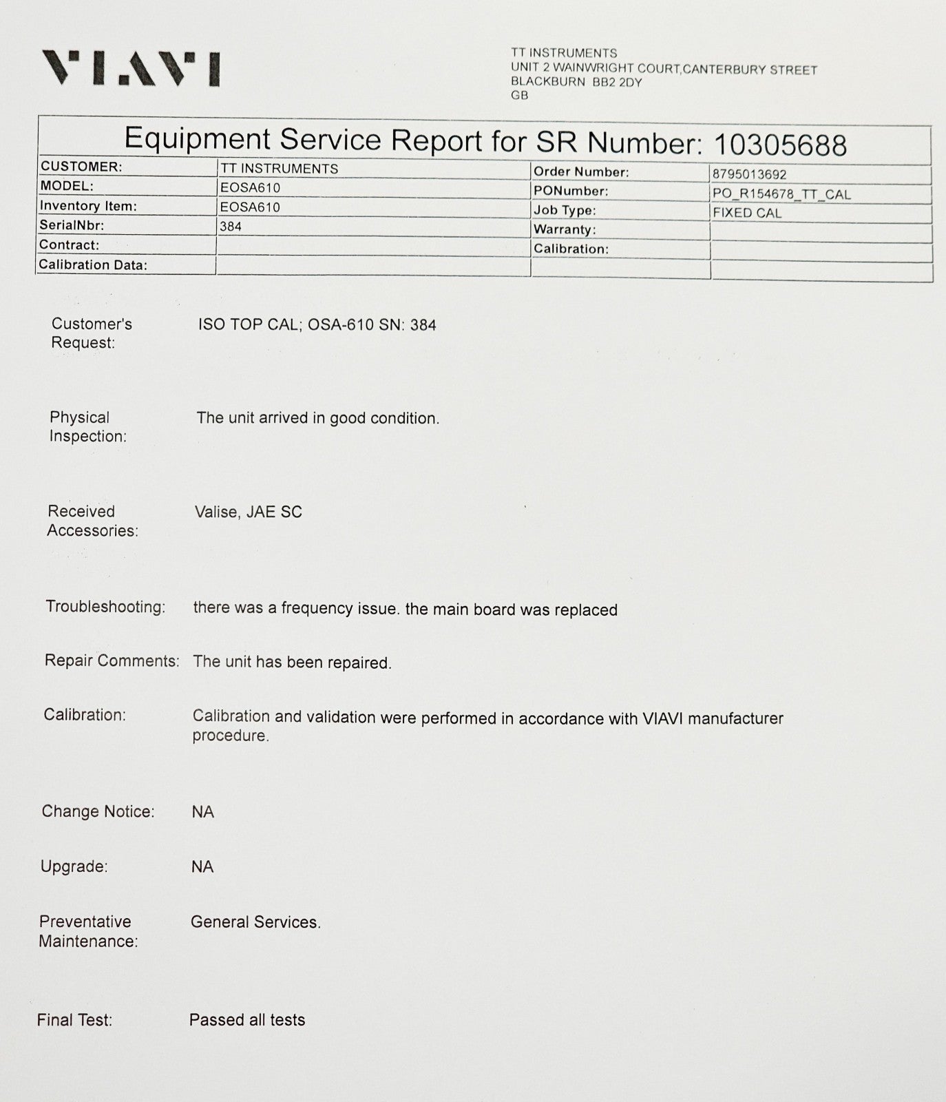 Calibrated Viavi MTS 6000A V2 OSA-610 High Resolution C-Band Optical Spectrum An