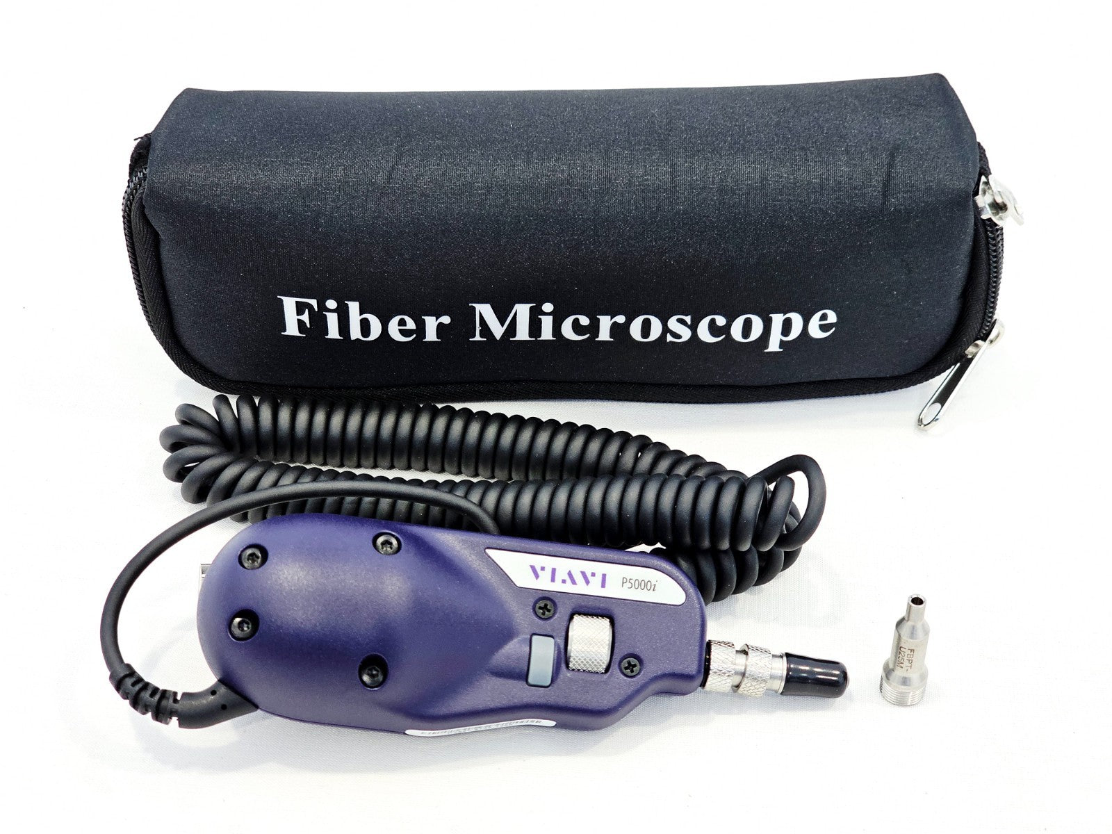 Viavi P5000i fibre inspection scope with coiled USB cable, FBPT-U25M tip, and soft zip carry case
