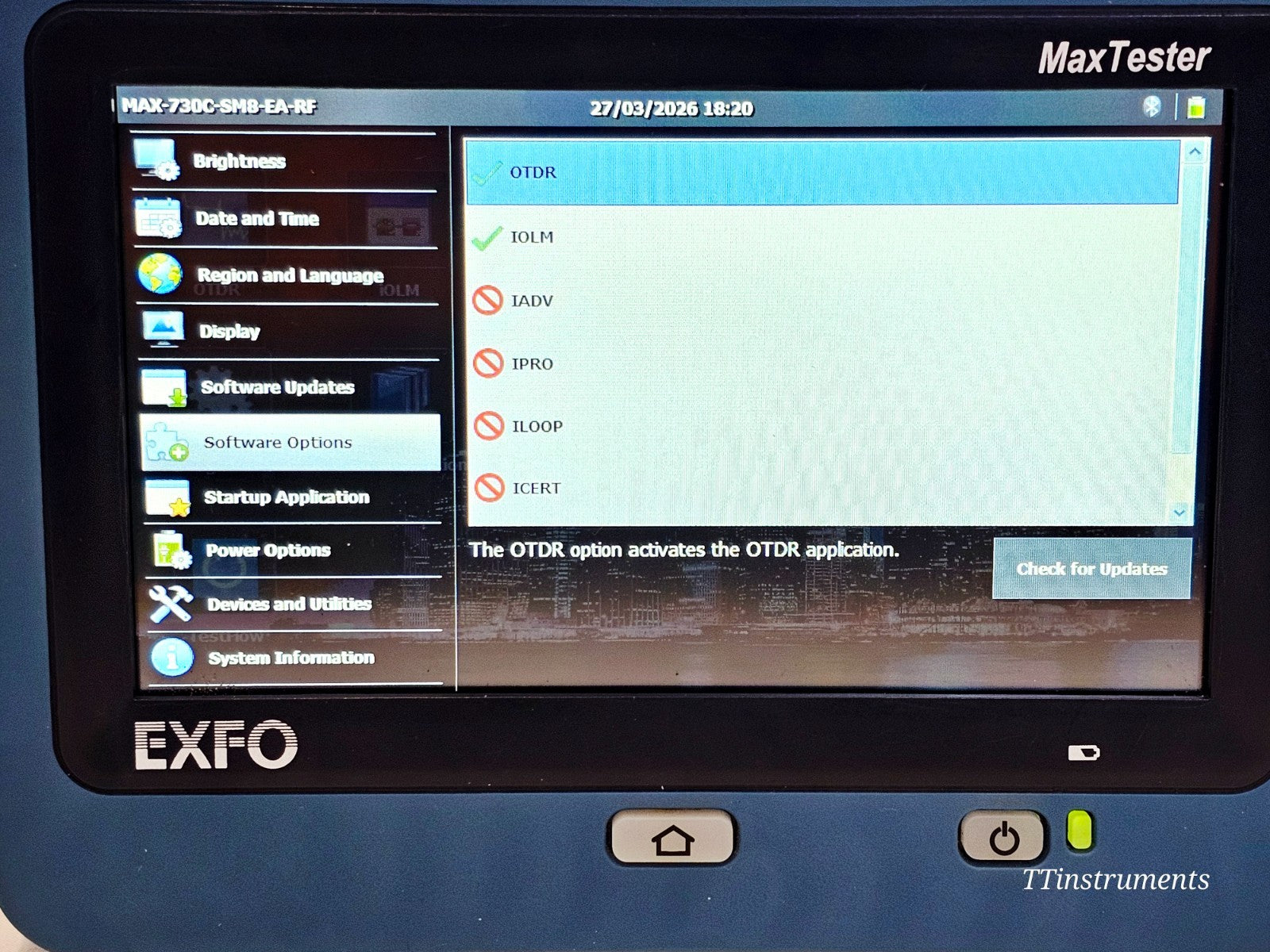 EXFO MAX-730C-SM8-EA OTDR serial number and specification label detail
