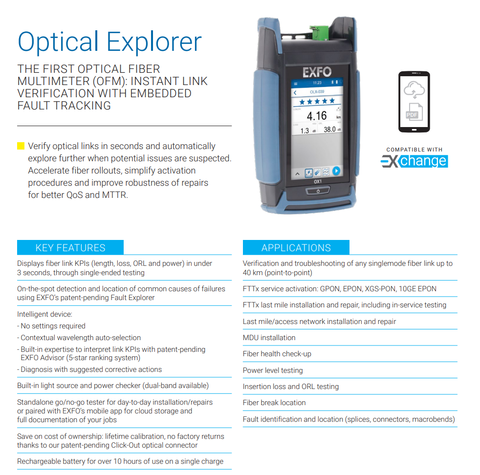 EXFO OX1-PRO-MI Optical Explorer Multimeter Length Loss ORL Power 1310/1550/16503