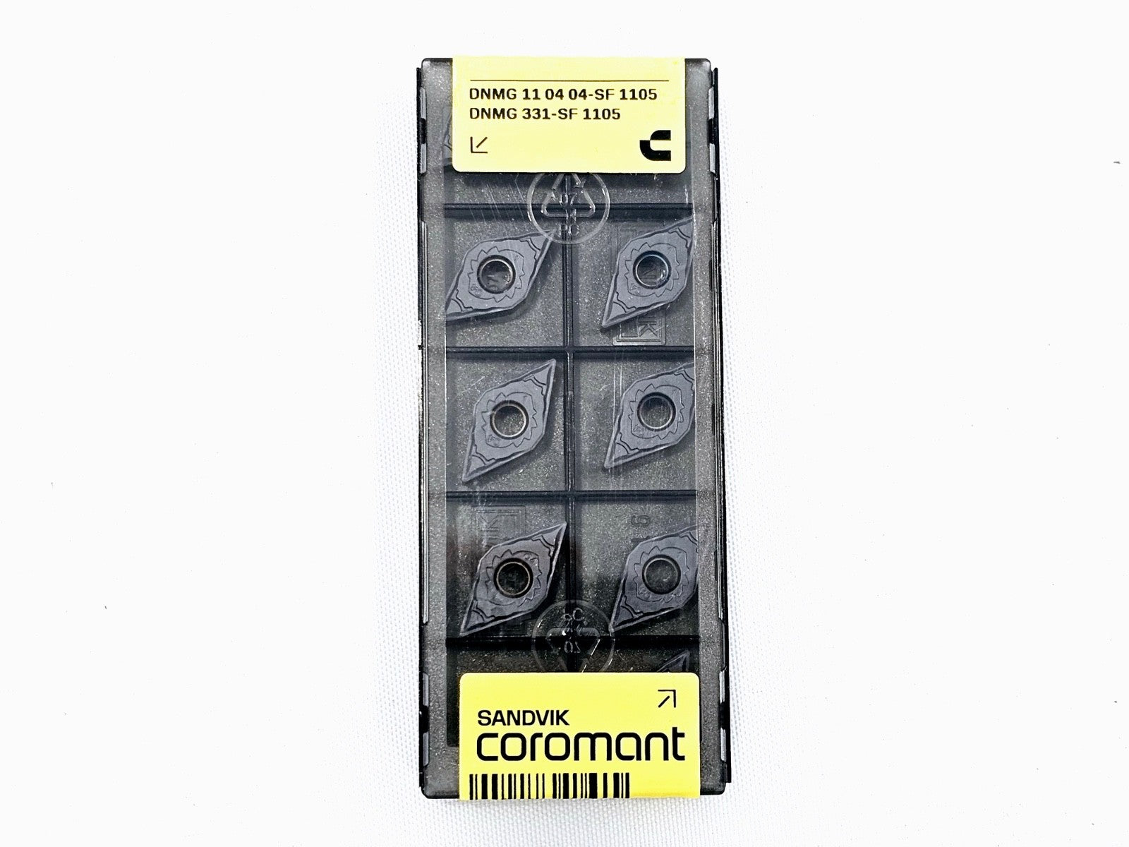 Sandvik Coromant DNMG 110404-SF 1105 blister pack front view showing six TiAlN-coated diamond inserts