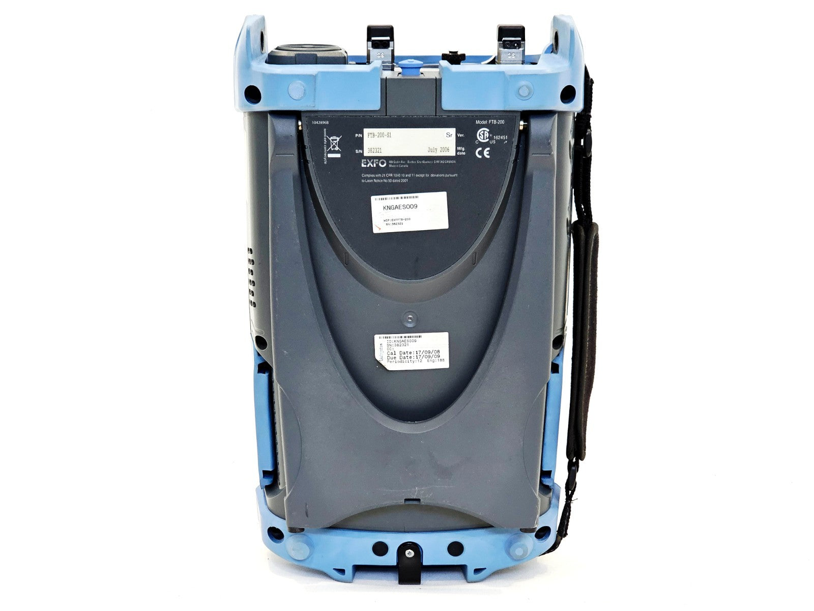 EXFO FTB-200 rear panel showing model label S/N 382321 July 2006 and calibration sticker dated 17/09/08