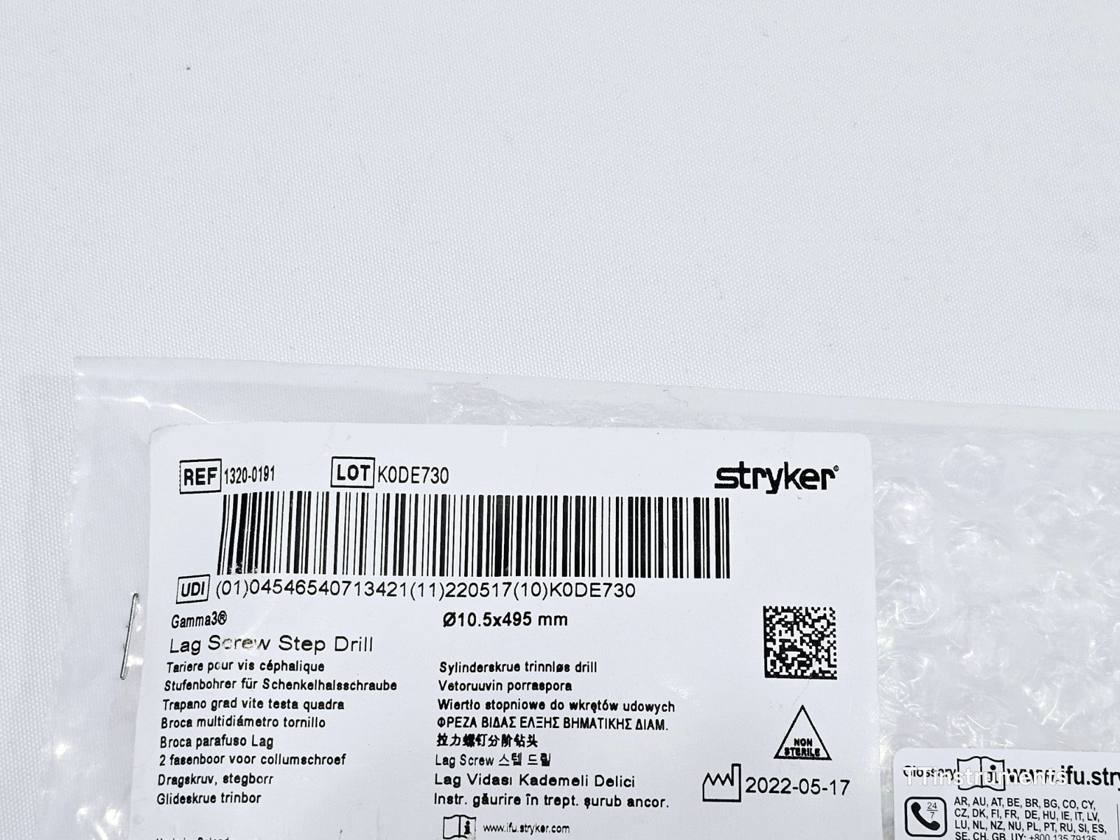 Stryker 1320-0191 Gamma3 Cannulated Lag Screw Step Drill 10.5x495mm