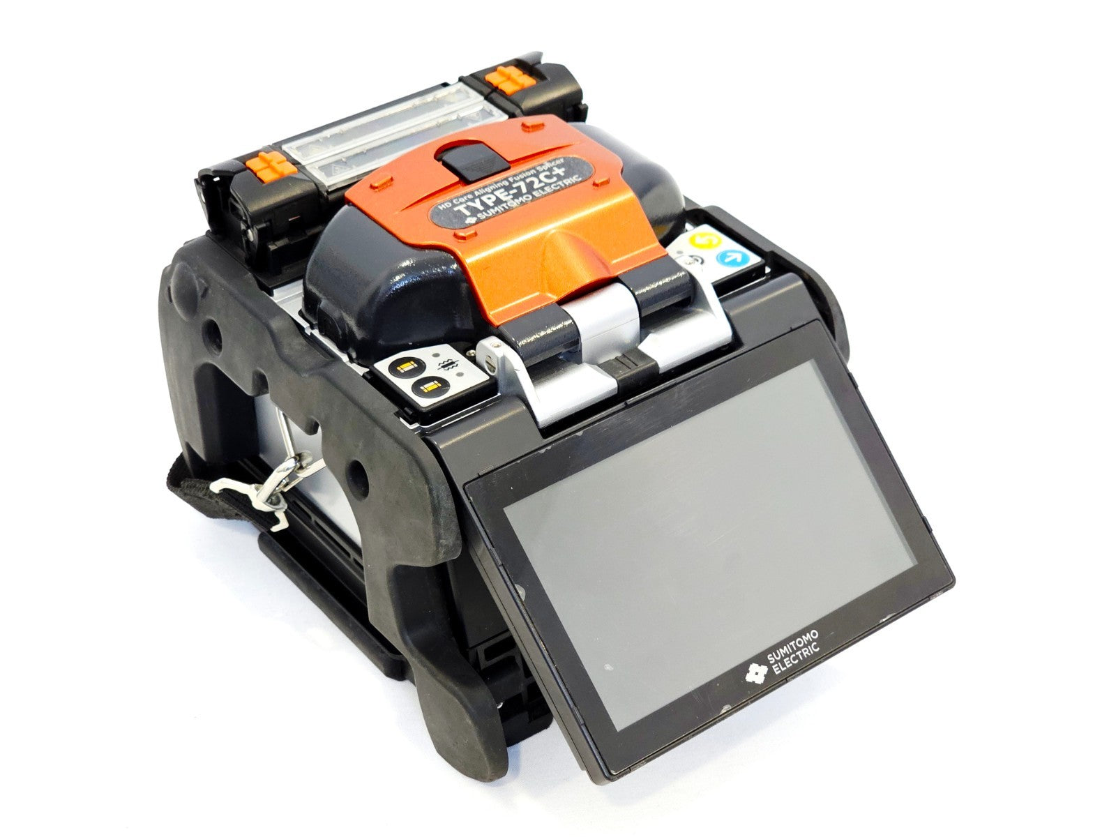 Sumitomo TYPE-72C+ fusion splicer angled view showing lid and splice chamber