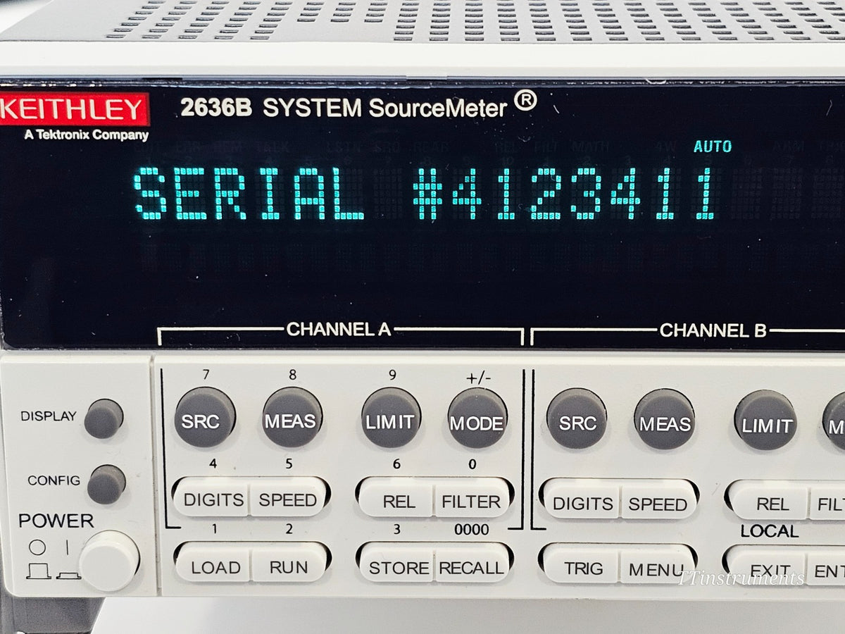 Keithley 2636B dual-channel source measure unit screen readout detail