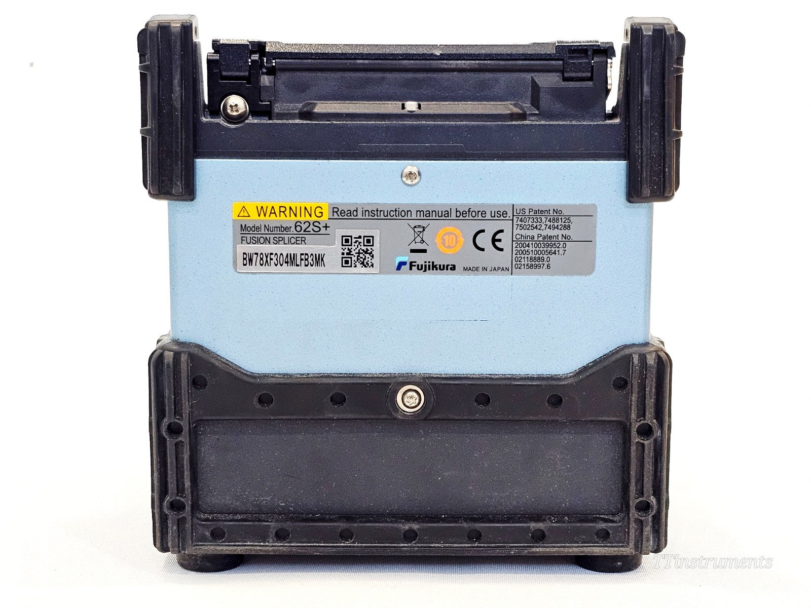 Fujikura FSM-62S+ rear label showing model number 62S+, serial BW78XF304MLFB3MK and Made in Japan markings