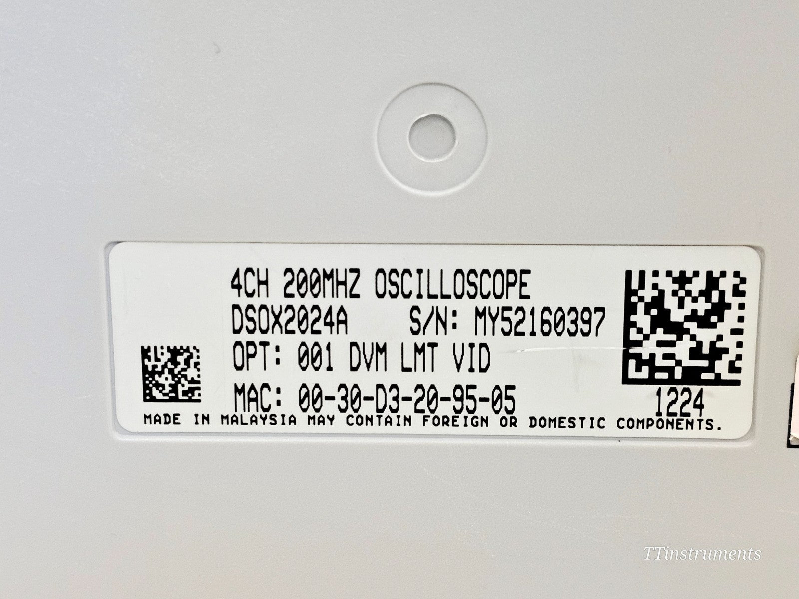 Keysight DSOX2024A oscilloscope bottom panel and serial number label
