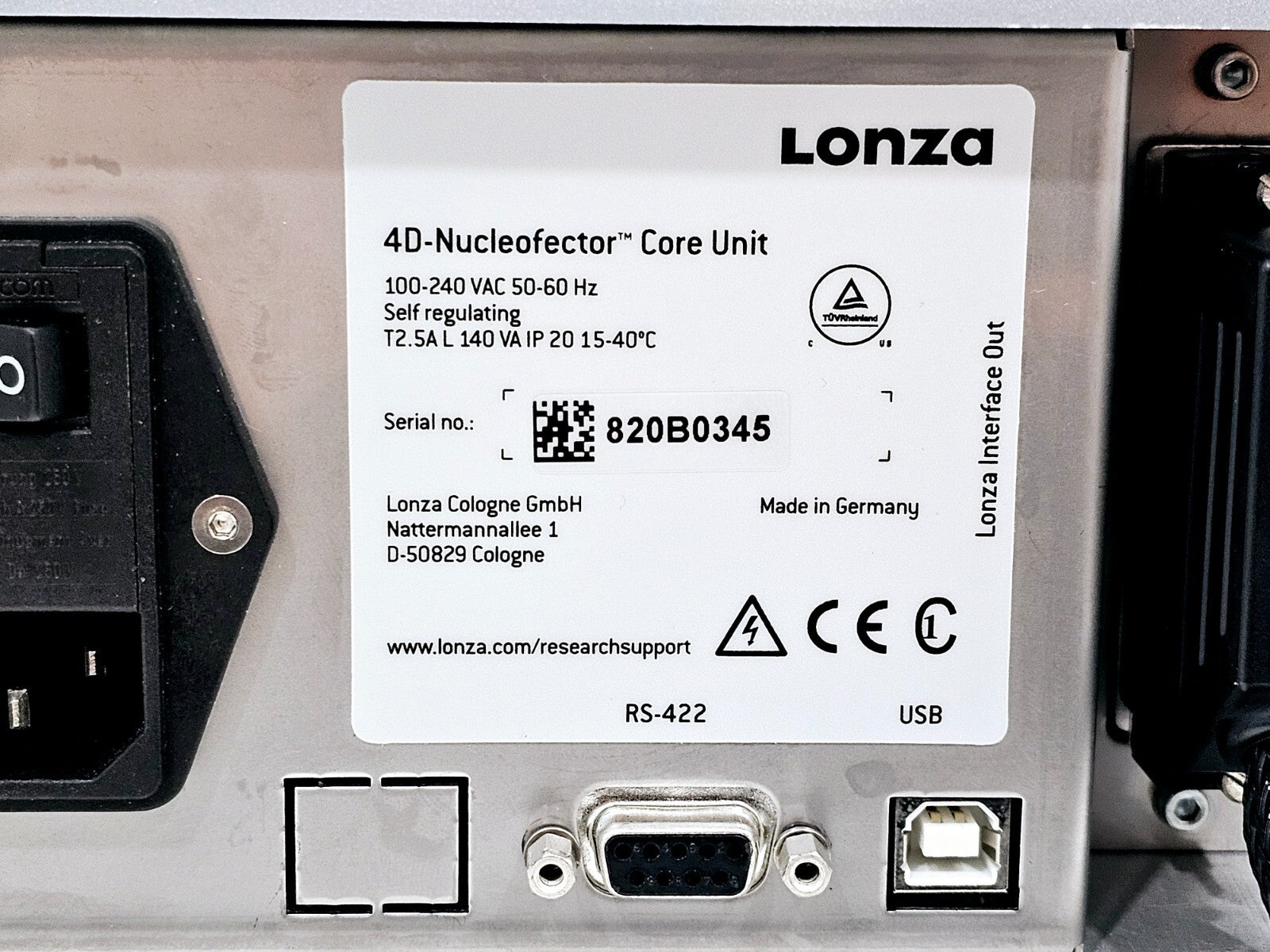 Lonza 4D-Nucleofector Core Unit USB port and front LED indicator detail