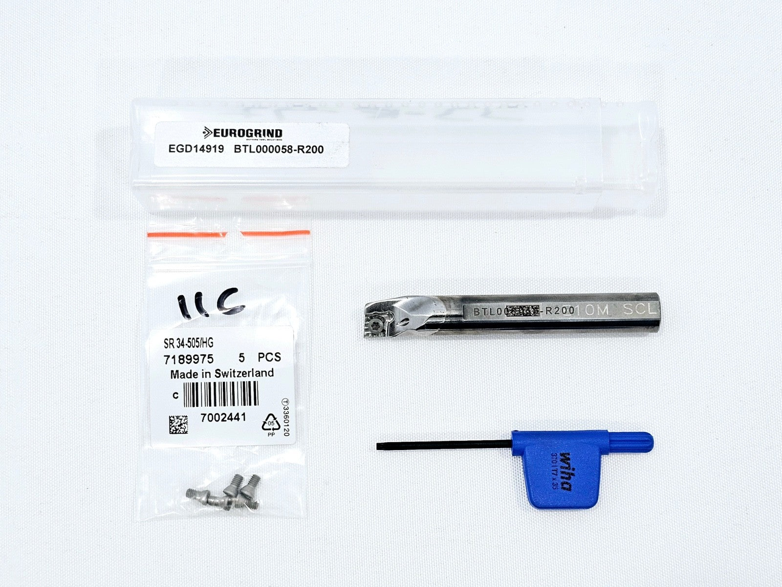 Sandvik BTL000058-R200 E10M-SCL boring bar with 5x mounting screws in bag, Wiha Torx key, and storage case