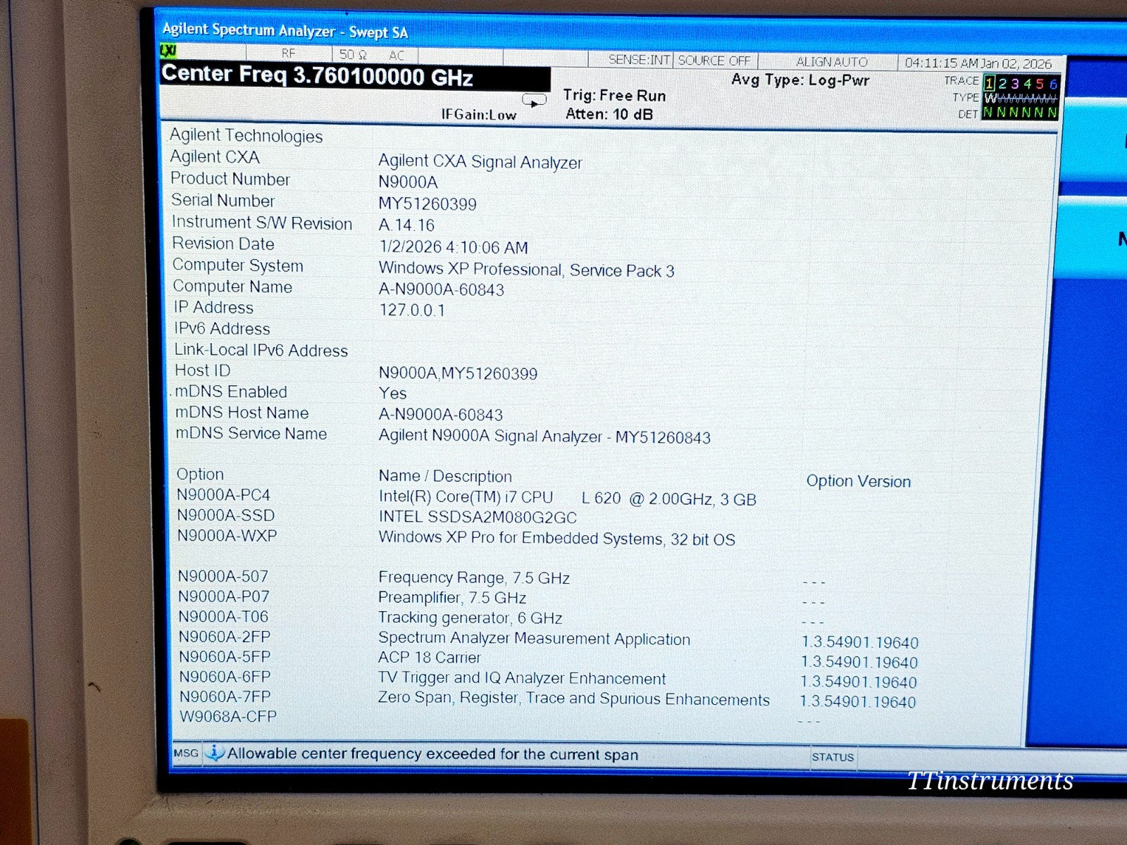 Conditional Cal Agilent Keysight CXA N9000A Signal Analyzer 7.5 GHz 507 P07 T06