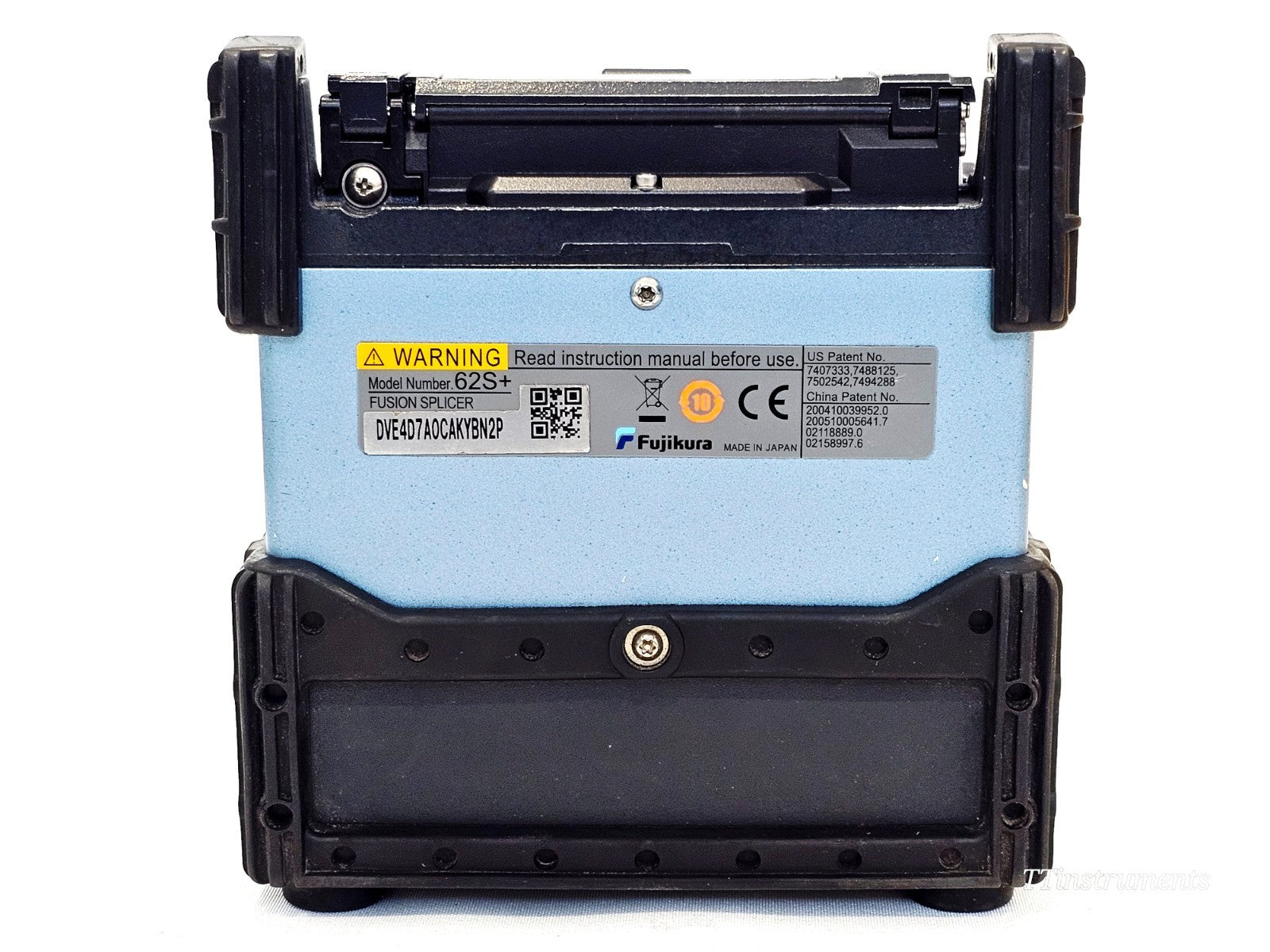 Fujikura FSM-62S+ rear label showing model number 62S+, serial number DVE4D7A0CAKYBN2P, CE mark, Made in Japan