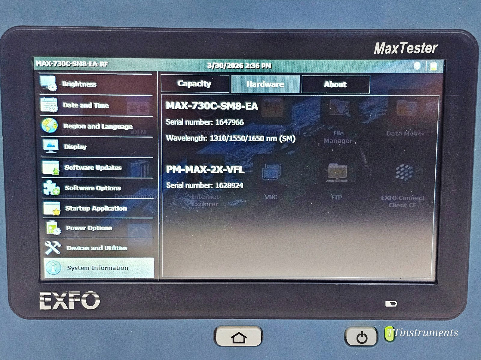 EXFO MAX-730C-SM8-EA used OTDR bottom panel label and serial number