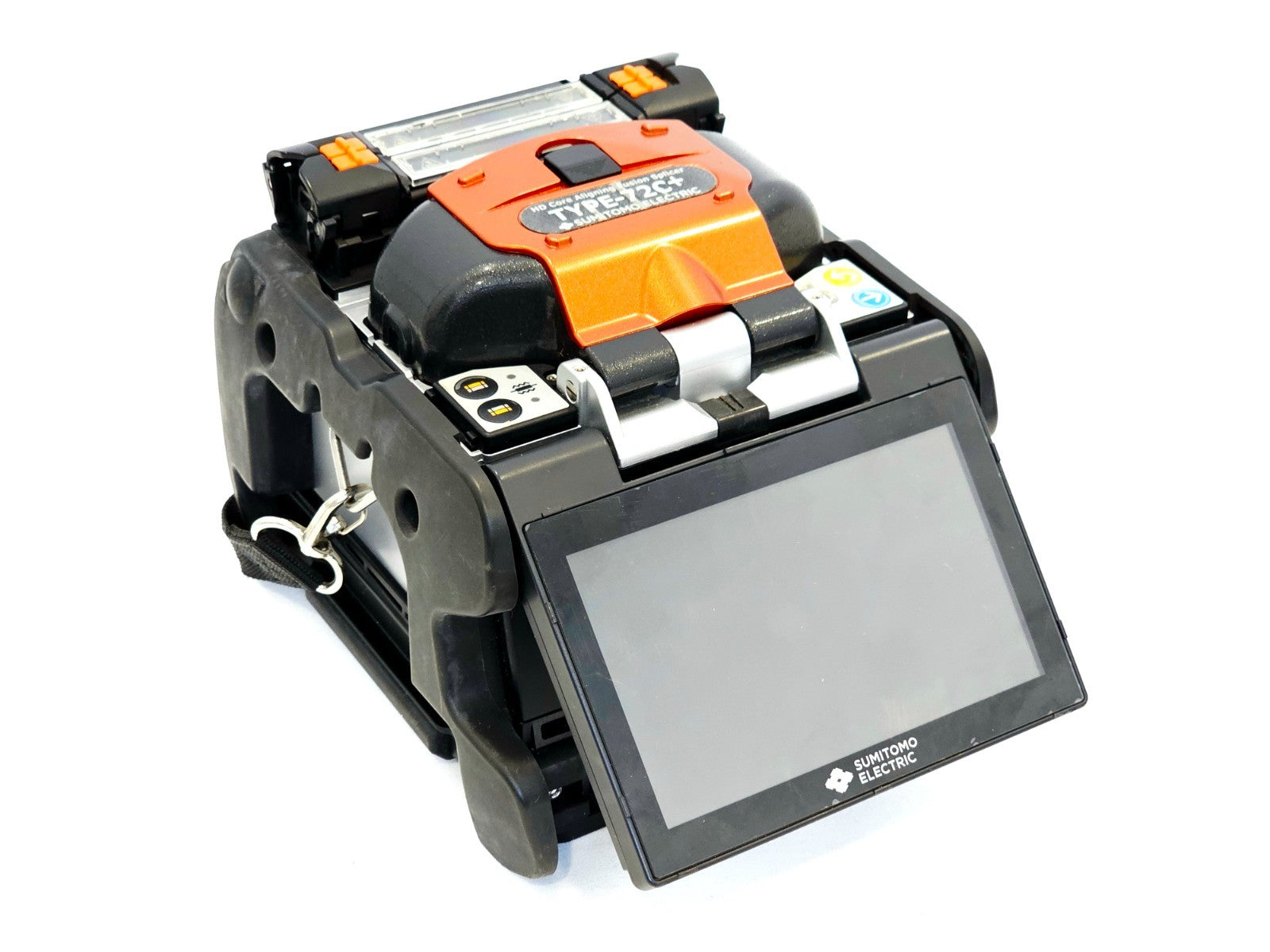 Sumitomo TYPE-72C+ fusion splicer side profile showing clamping mechanism