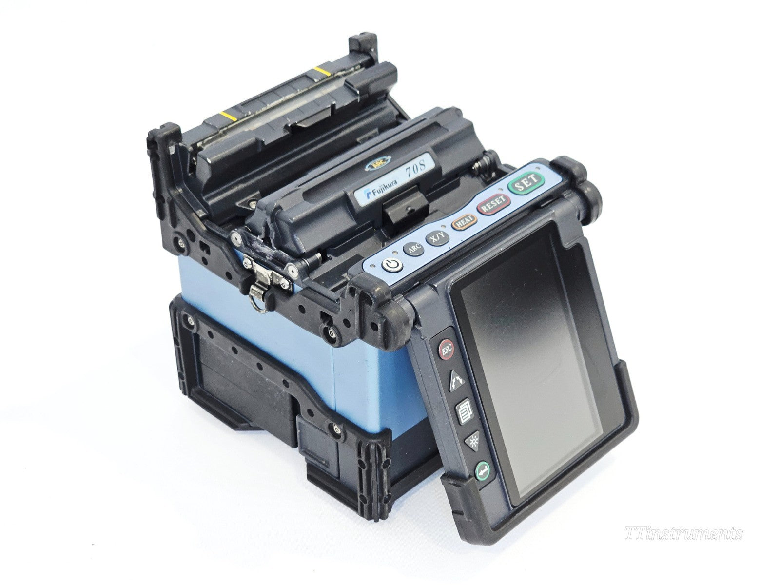 Fujikura FSM-70S splicer side angle showing keypad controls and LCD screen