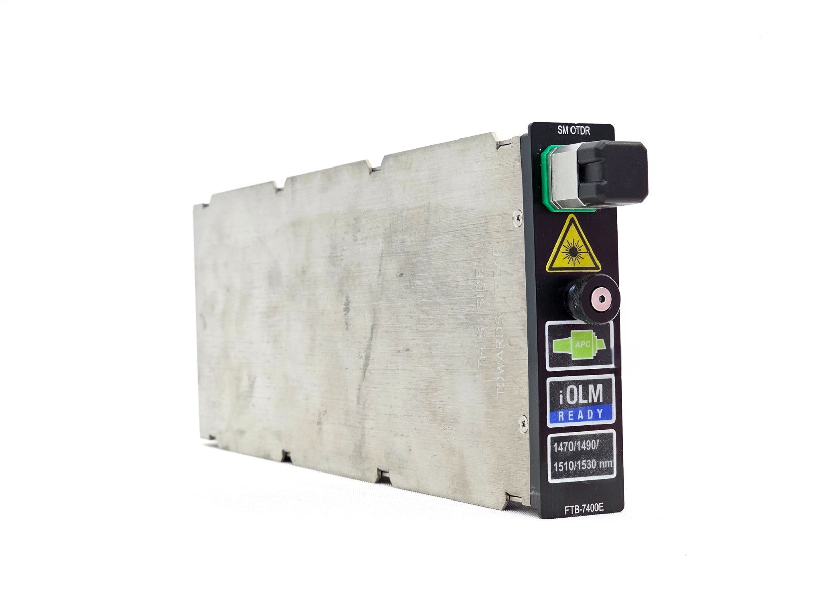 EXFO FTB-7400E-CWS SM OTDR module front panel showing APC-SC port, iOLM Ready and 1470/1490/1510/1530 nm labels