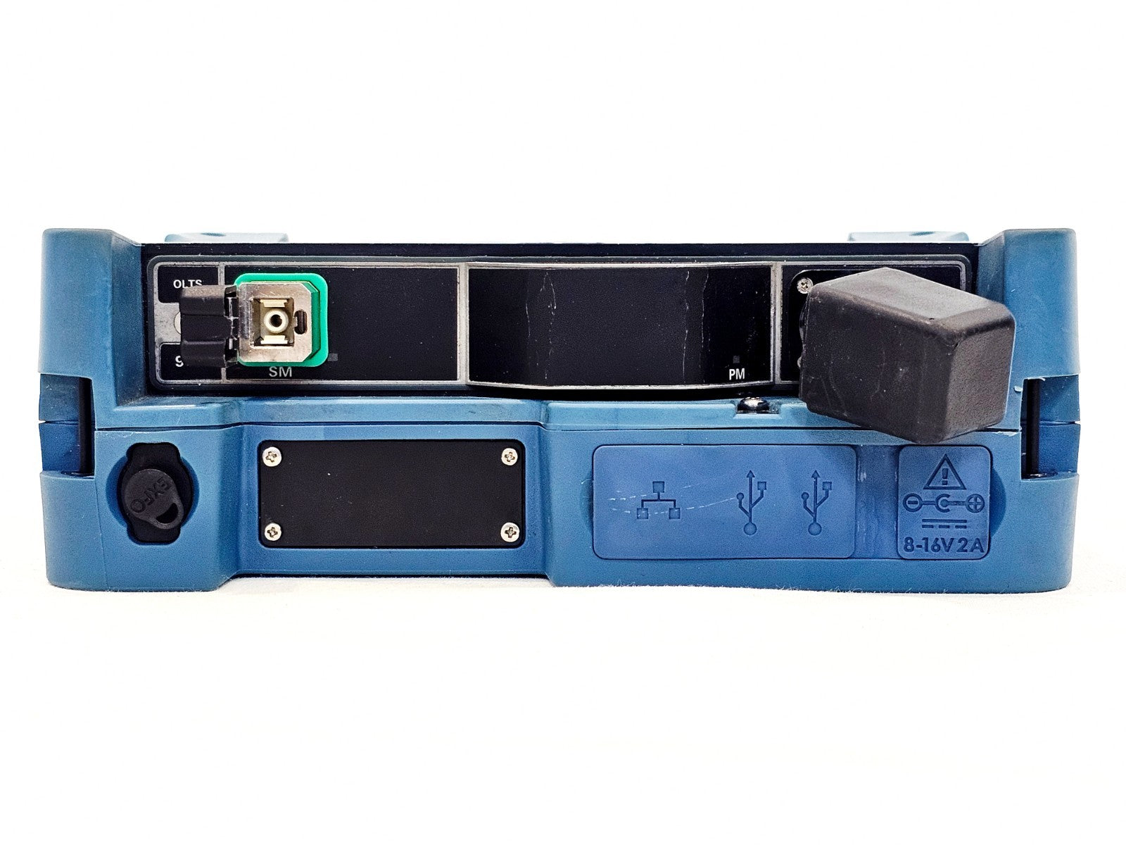 EXFO MAX-945-SM3 top panel showing OLTS SM SC-APC port, PM port with dust cap, Ethernet and USB connectors