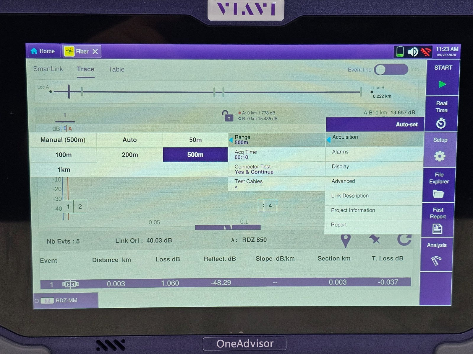 Viavi ONA-800 Mainframe with 8123 EVO AV RDZ Hi-Res MM OTDR Module E8123AV
