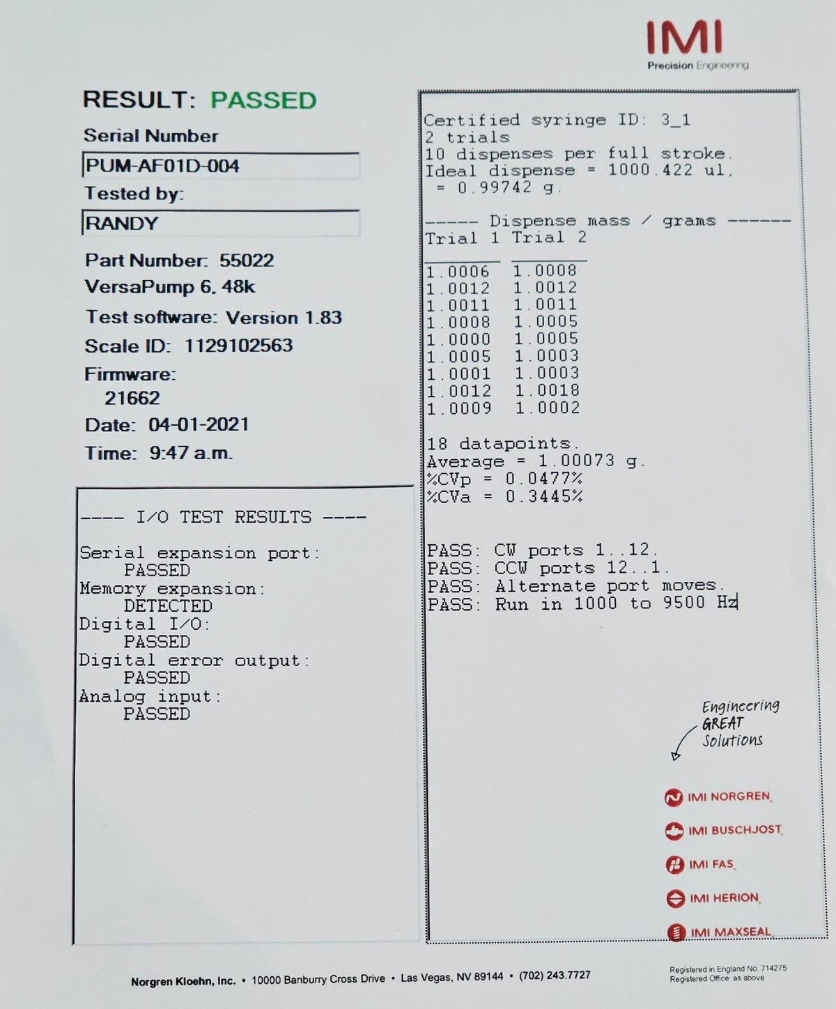 Norgren Kloehn used syringe pump additional angle showing overall unit condition