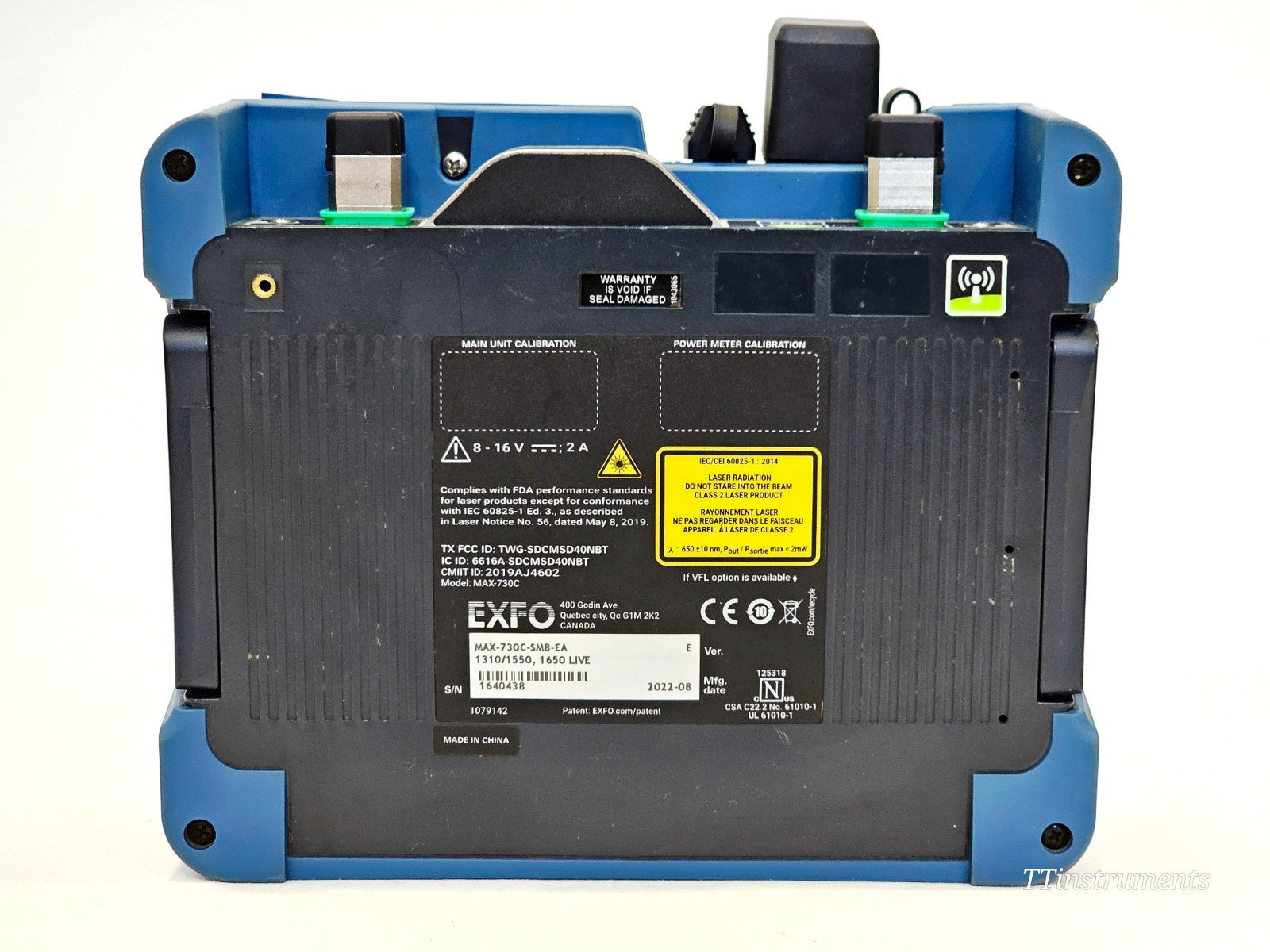 EXFO MAX-730C-SM8-EA OTDR bottom view showing battery and serial number label