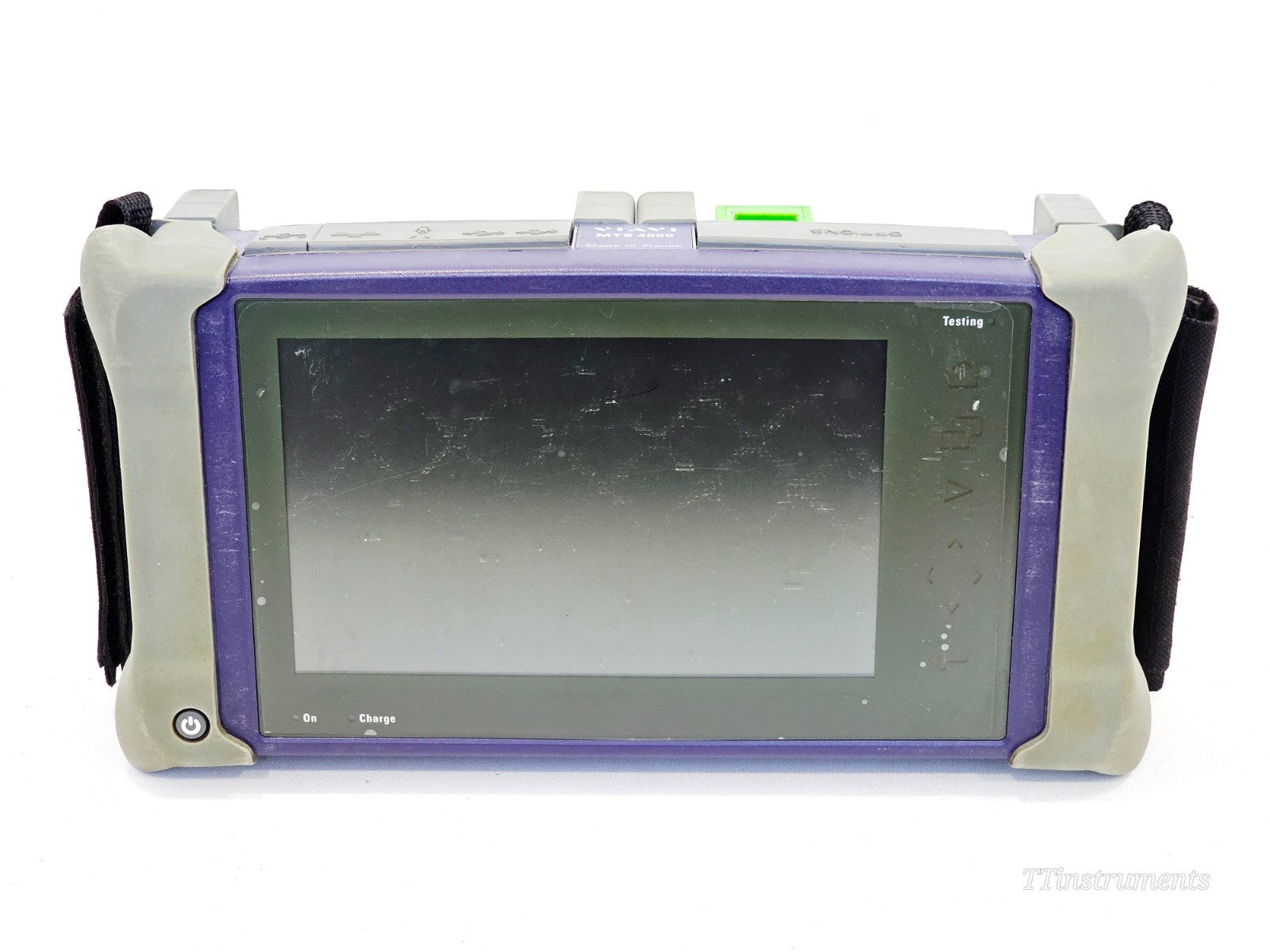 VIAVI MTS 4000 V2 front view showing touchscreen with light scratches, power button and On/Charge LEDs