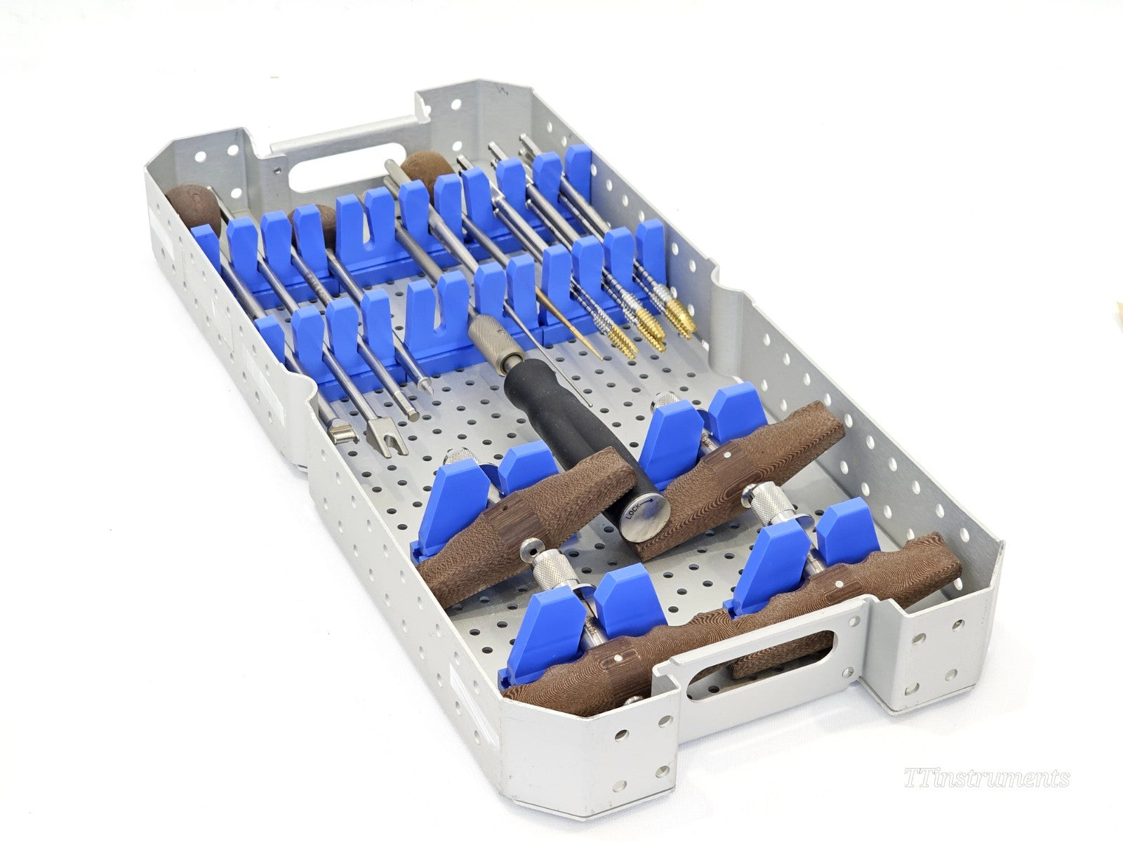 Stryker K2M Core Instruments Tray 1381 — angled three-quarter view of full loaded perforated sterilisation tray with all instruments