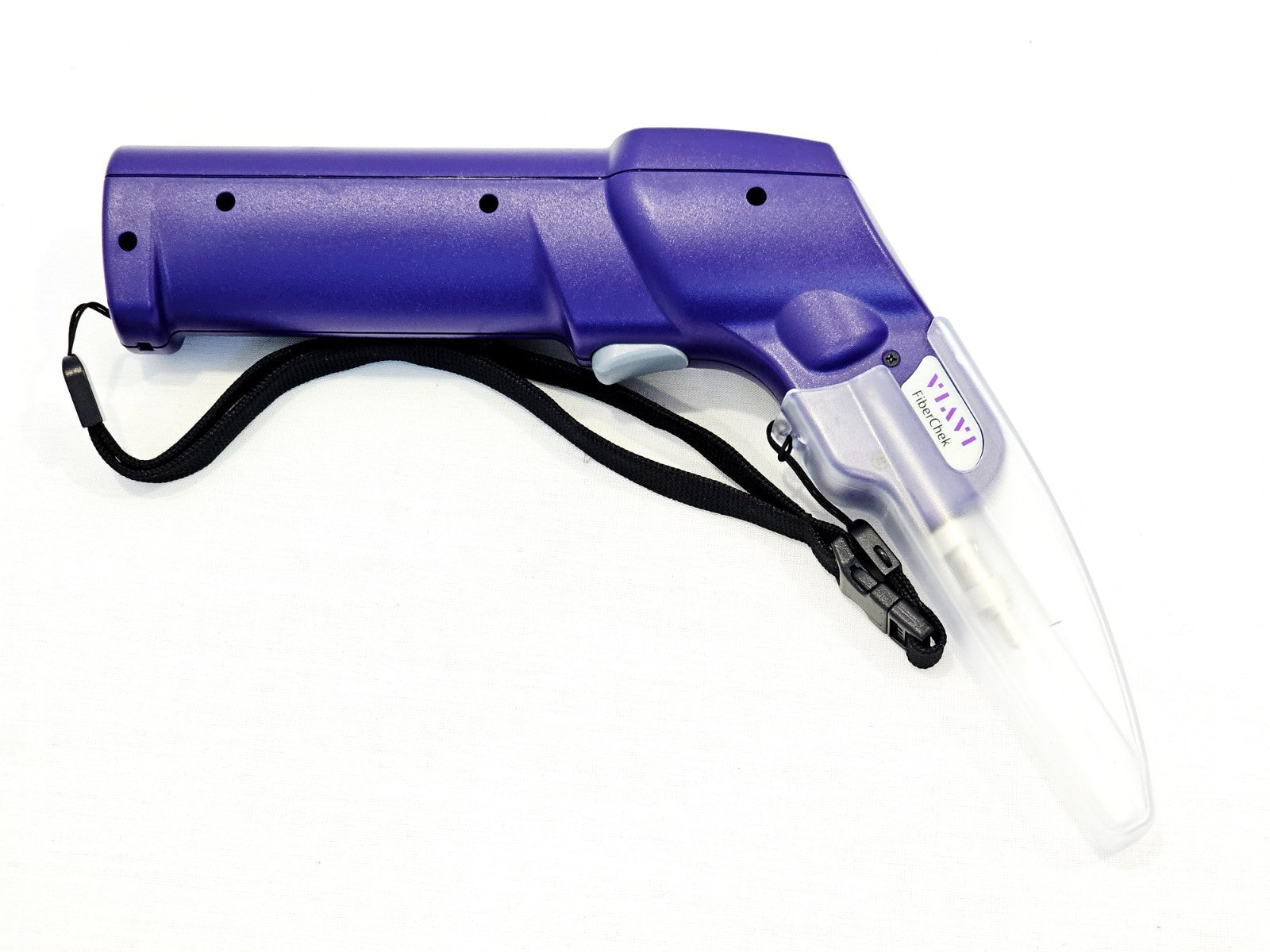 VIAVI FiberChek probe right side view showing purple housing, grey trigger, wrist strap and tip protector