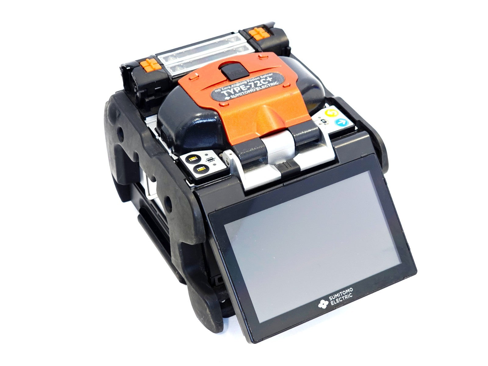 Sumitomo TYPE-72C+ fusion splicer front panel showing fibre clamp and splicing chamber