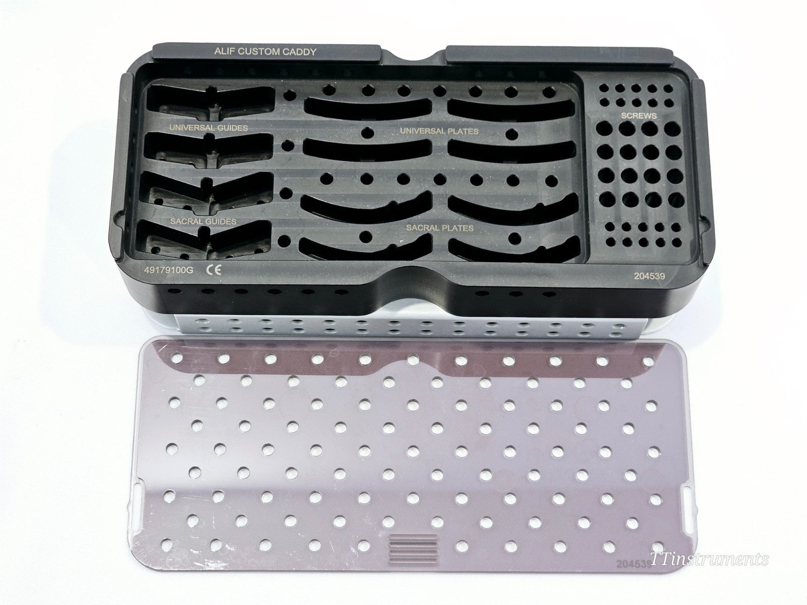 Stryker ALIF Custom Caddy 49179100G showing empty slots for Universal Guides, Sacral Plates, and Screws with lid