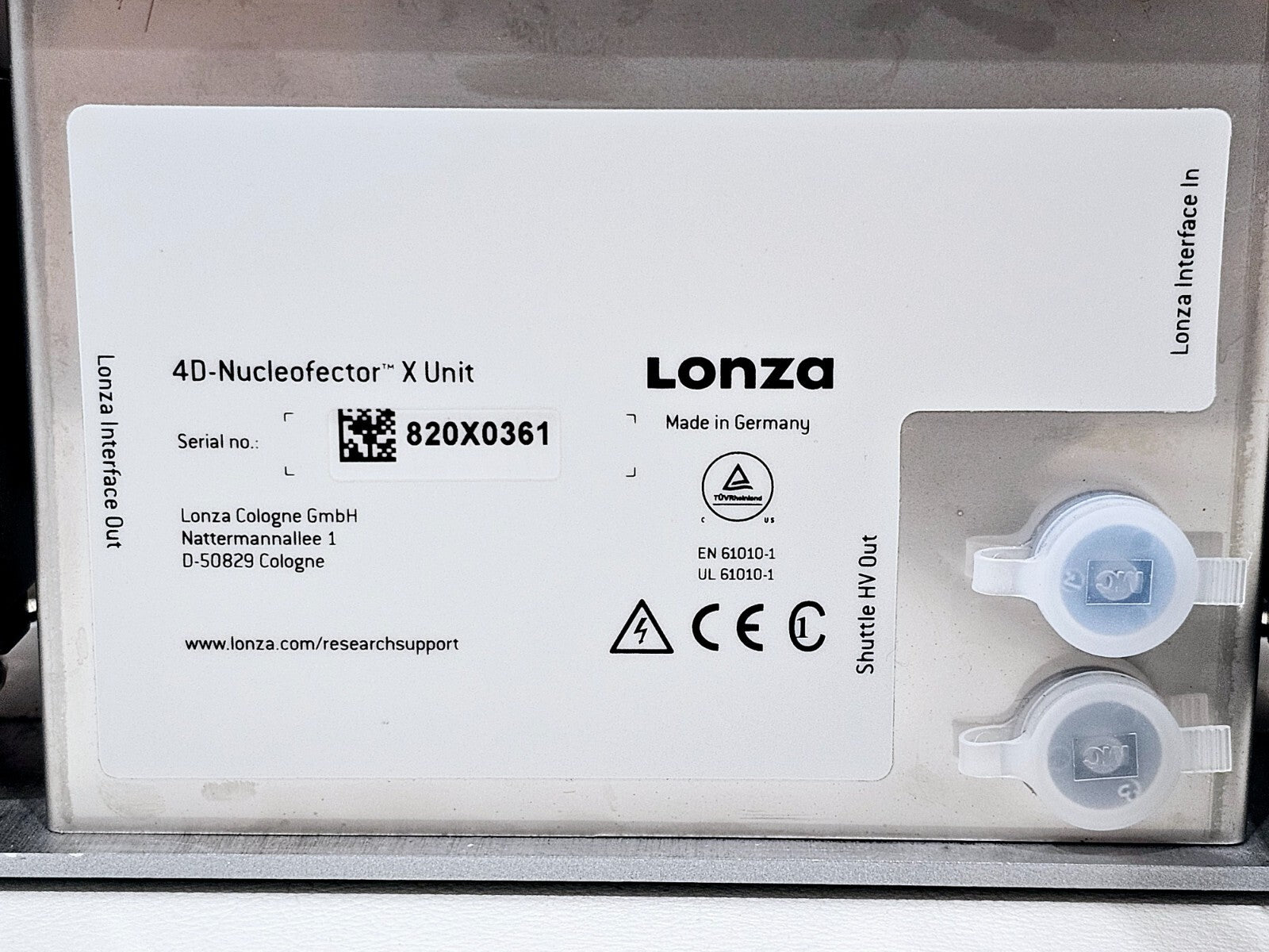 Lonza 4D-Nucleofector Core and X Unit on lab bench showing overall system footprint and dimensions