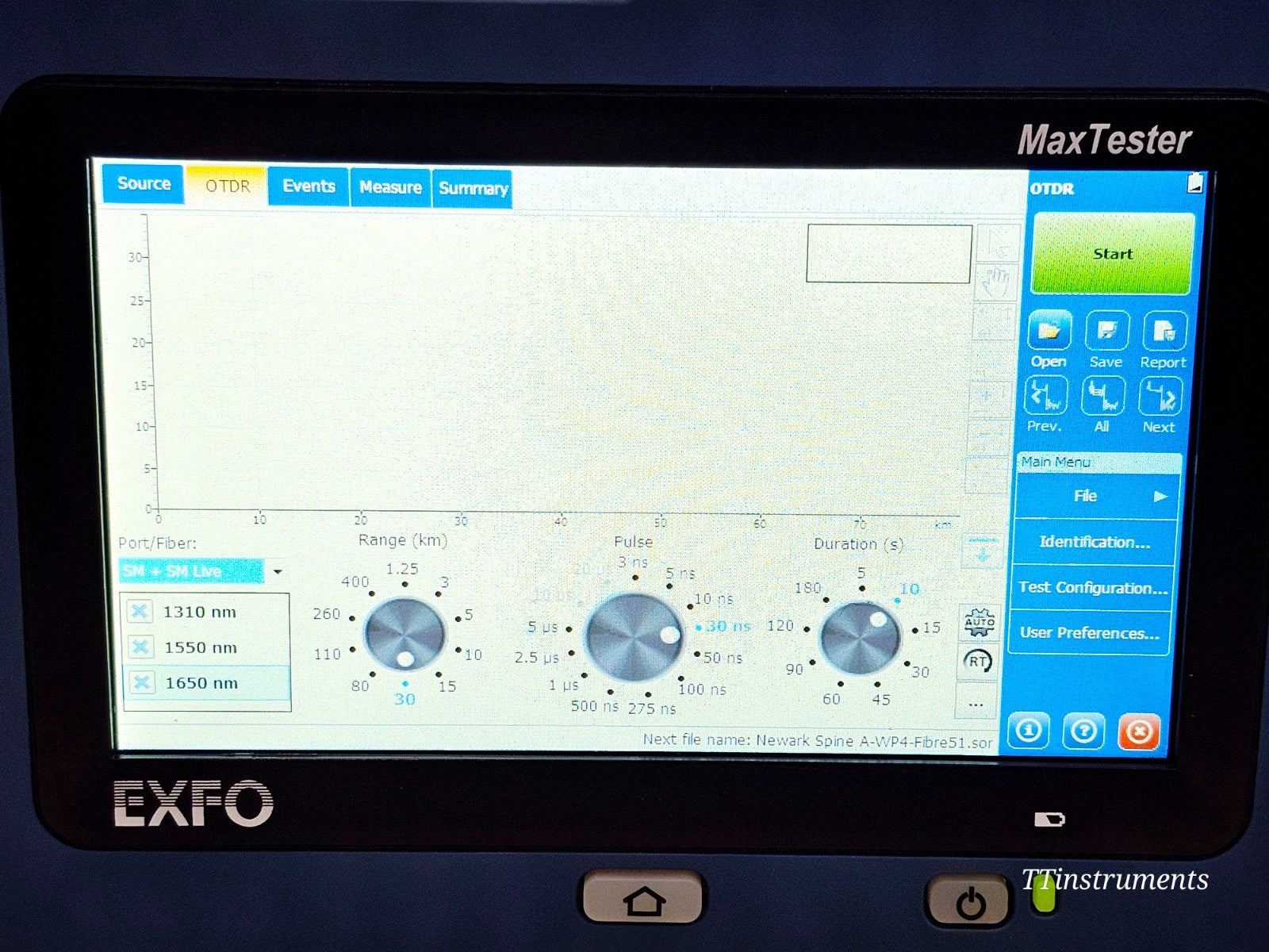 EXFO MAX-730C-SM8-EA OTDR screen close-up showing user interface