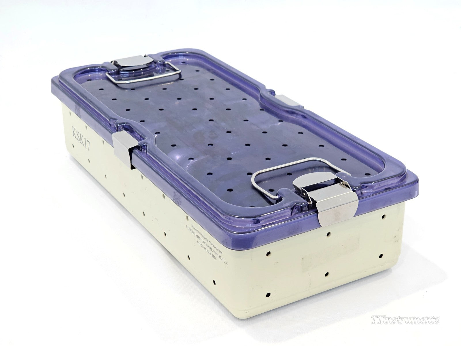 Stanmore Implants METS Knee Trial Set KSK17 sterilisation tray exterior — closed, showing blue perforated lid, stainless clasps and KSK17 label
