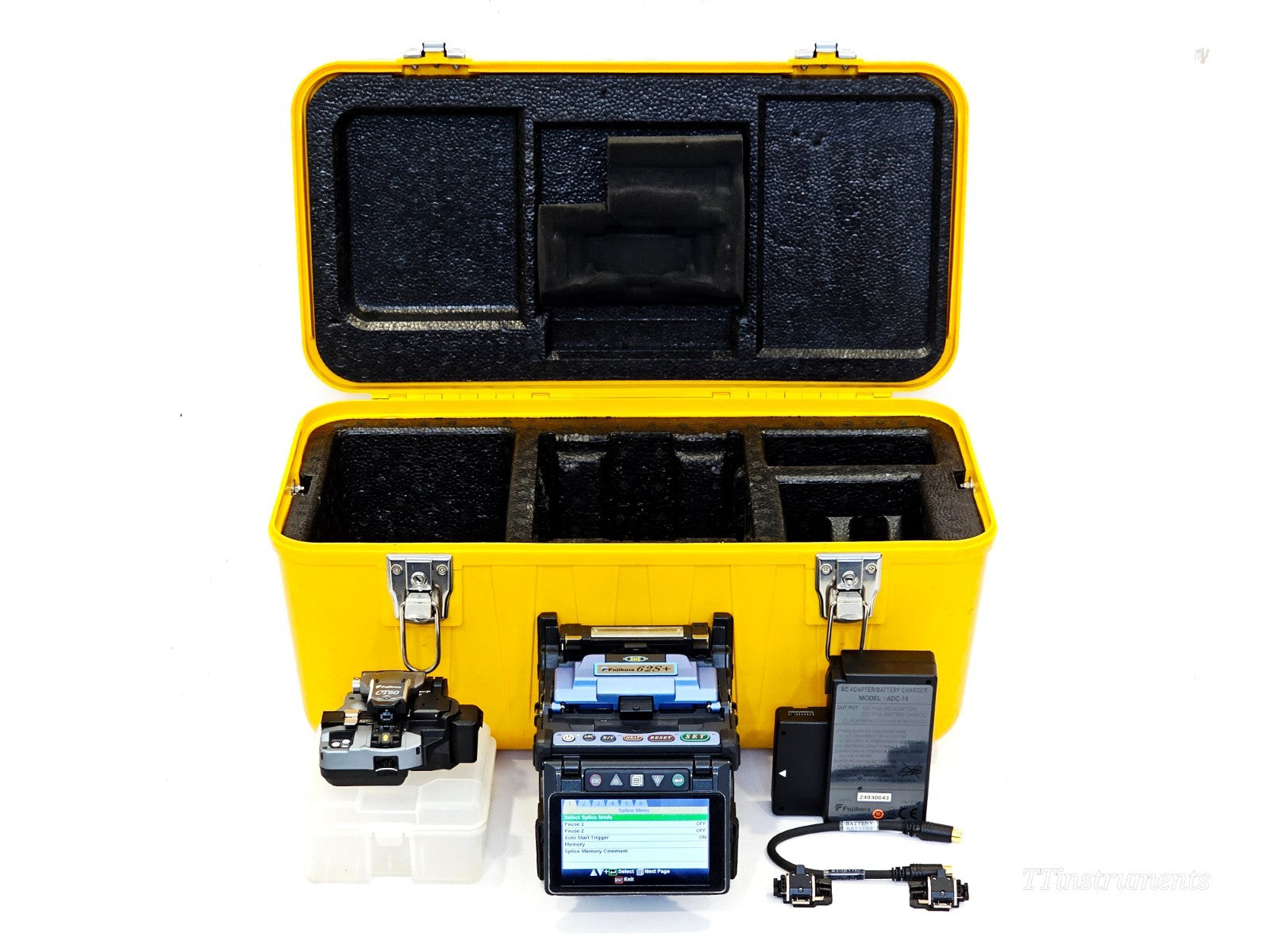 Fujikura FSM-62S+ fusion splicer kit with CT50 cleaver, AC adapter, battery pack and yellow hard carry case