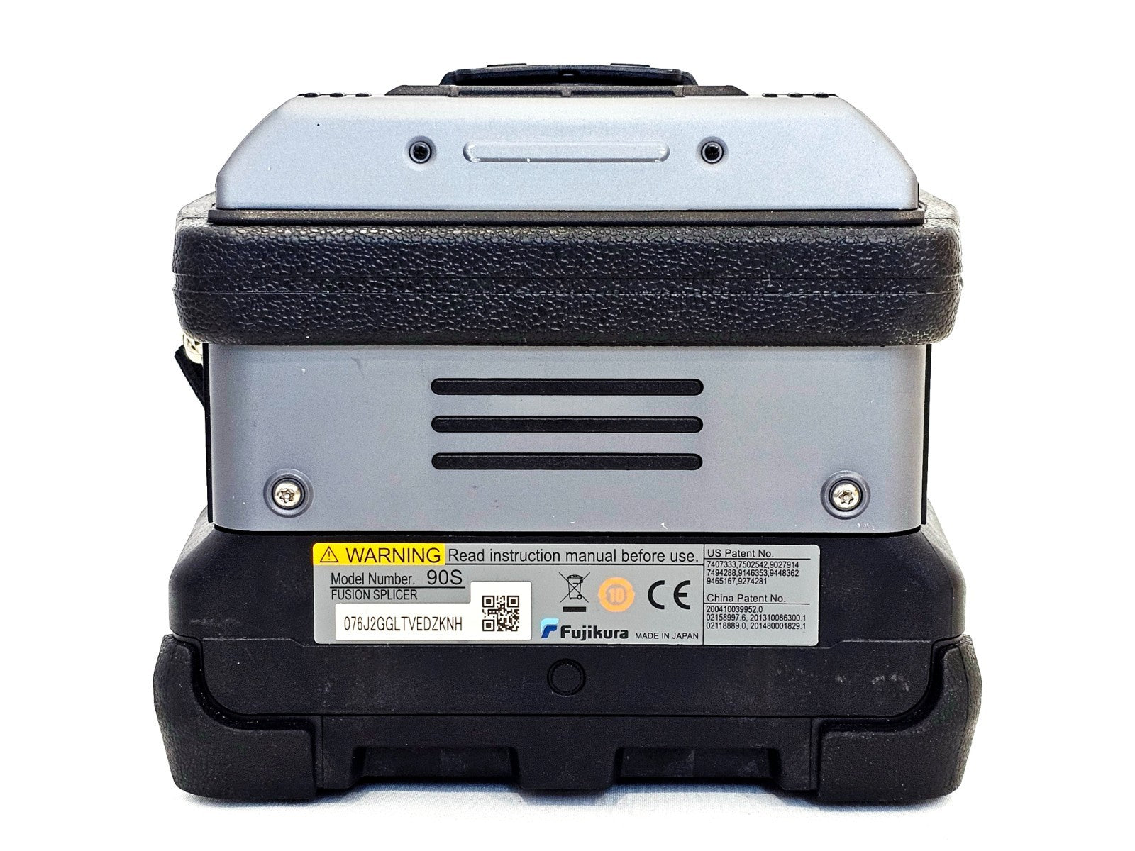 Fujikura 90S splicer lid open showing fibre alignment and splicing chamber
