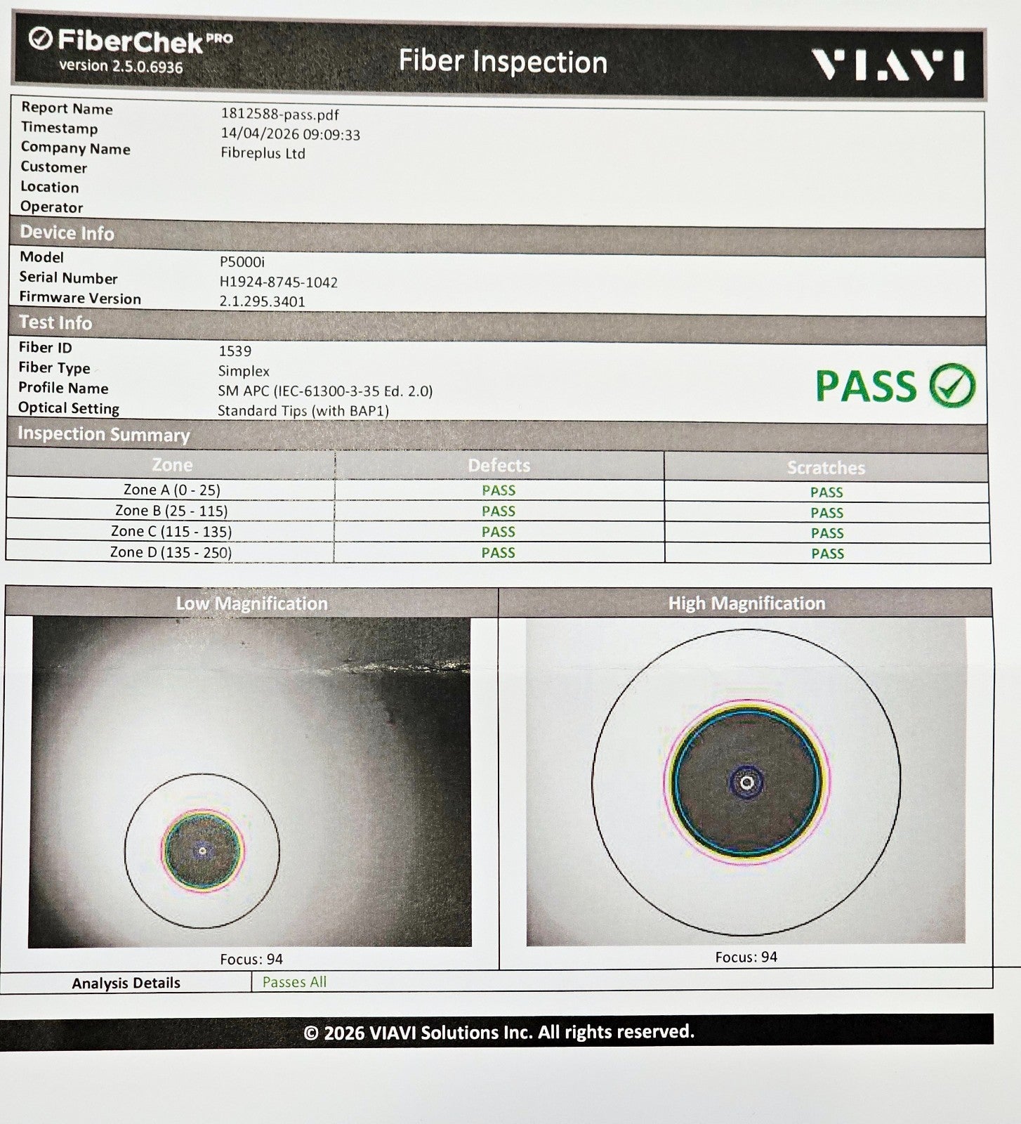 VIAVI FiberChek Pro fiber inspection pass report for EXFO MAX-730D-SM8 OTDR port SC-APC, dated 14/04/2026