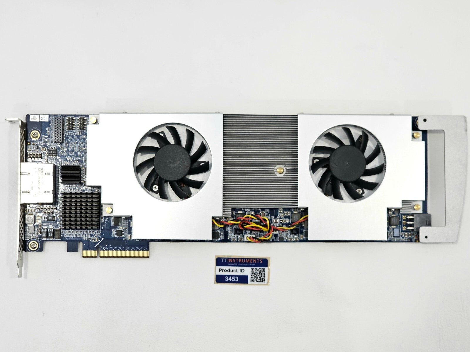 Advantech DSPC-8682G2-00A2E DSP card top-down view showing dual fans, PCIe x8 edge connector, and TT Instruments label