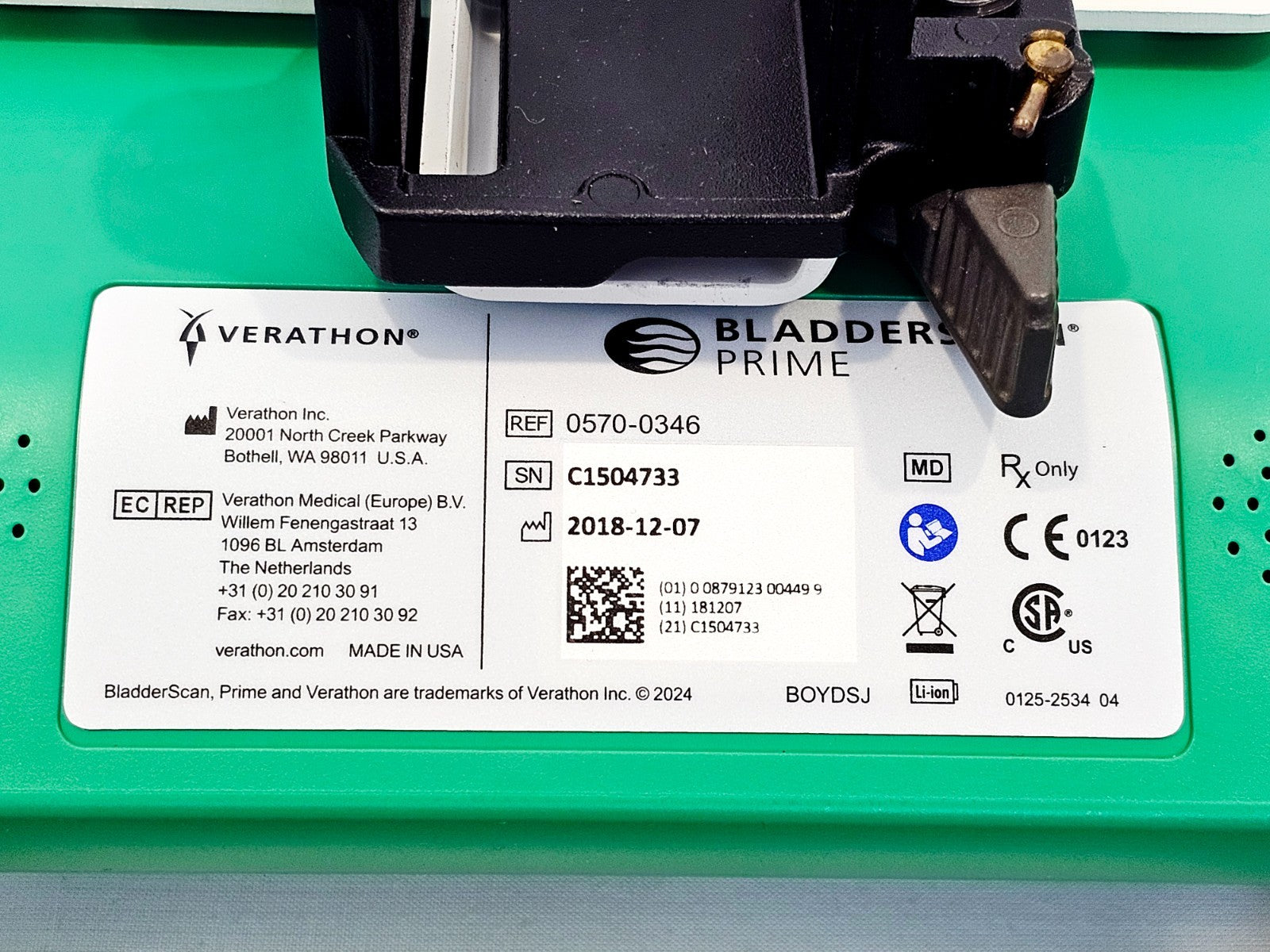 Verathon BladderScan bottom view with serial number label