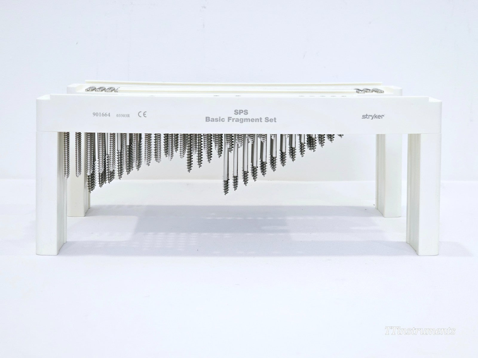 Stryker SPS Basic Fragment Set 901664 — opposite side view showing cortical and cancellous screws in white implant tray