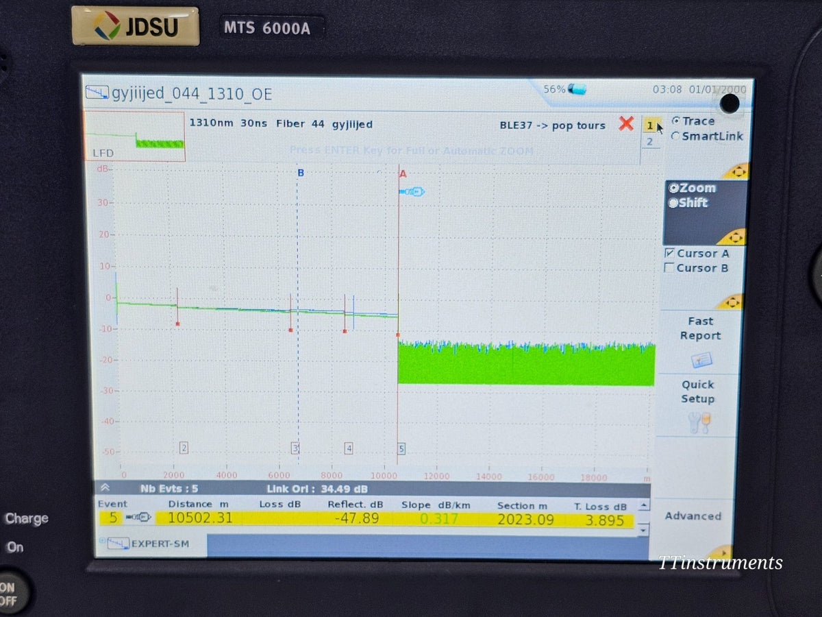 VIAVI MTS used optical fibre tester screen and menu interface